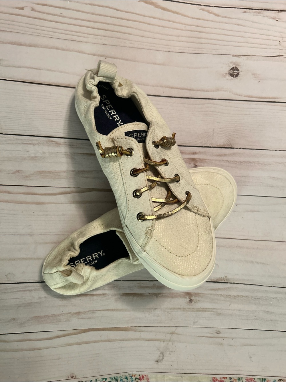 Sperry Women's Cream Canvas Slip-On Sneaker with Gold-Tone Accents
